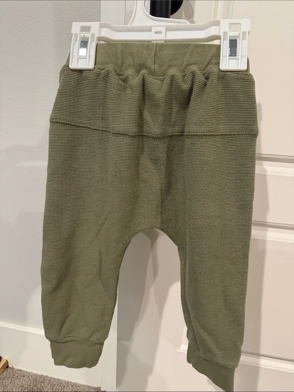 Little Bipsy Olive Green Waffle Knit Joggers with White Drawstring